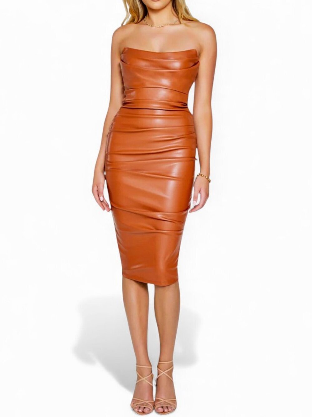 Nookie Leona Strapless Midi Dress Tan Brown Faux Leather Bodycon New NWT M